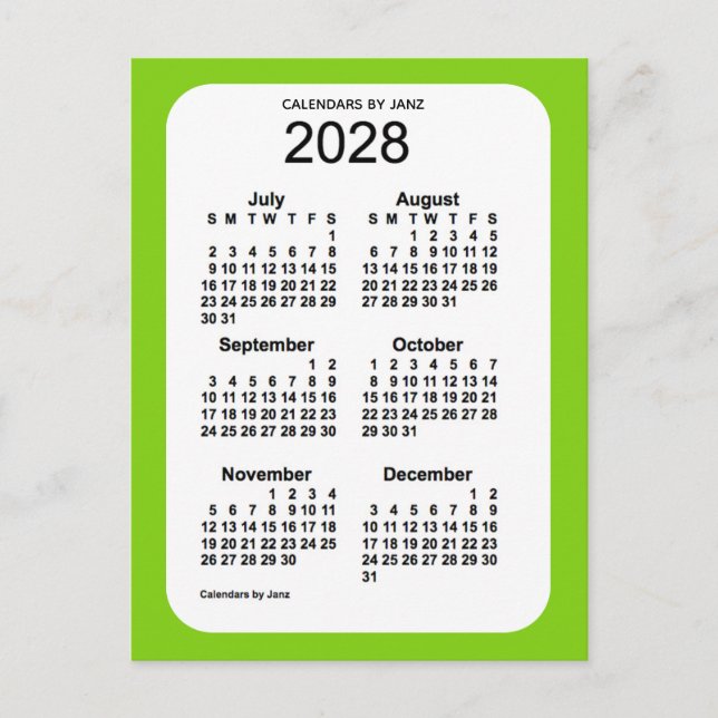 Carte Postale Mini calendrier 2028 Jaune Vert 6 mois par Janz (Devant)