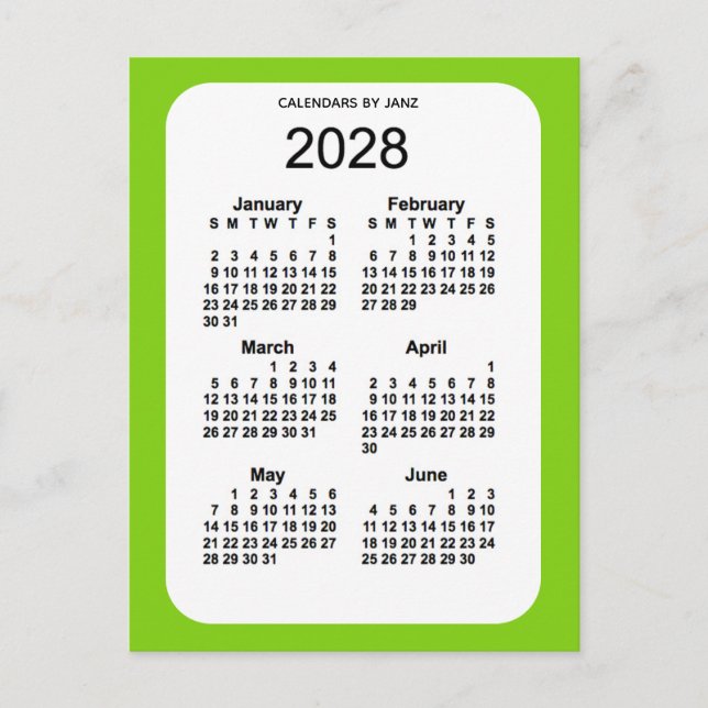 Carte Postale Mini calendrier 2028 Jaune Vert 6 mois par Janz (Devant)