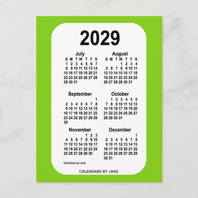 Carte Postale Mini calendrier 2029 Jaune Vert 6 mois par Janz (Devant)