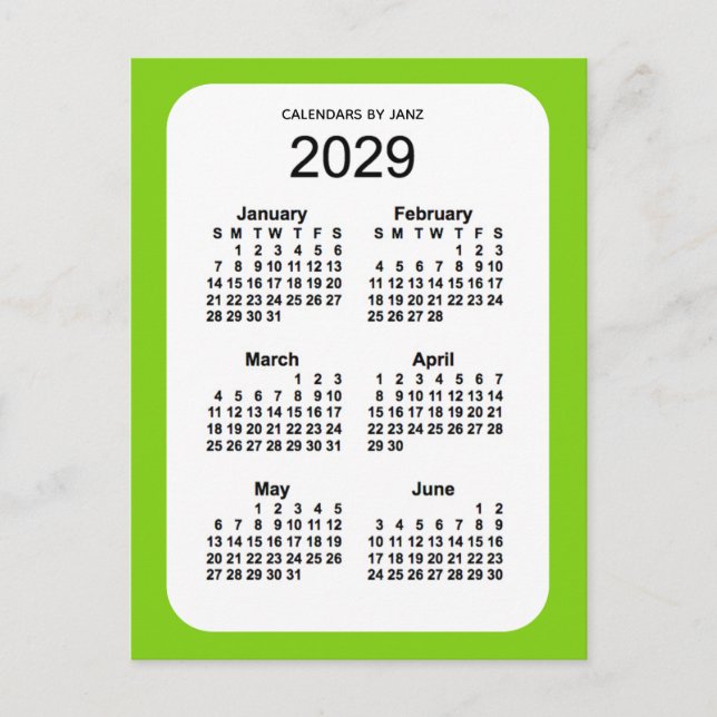 Carte Postale Mini calendrier 2029 Jaune Vert 6 mois par Janz (Devant)