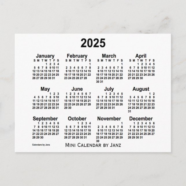 Carte Postale Mini calendrier blanc 2025 par Janz (Devant)
