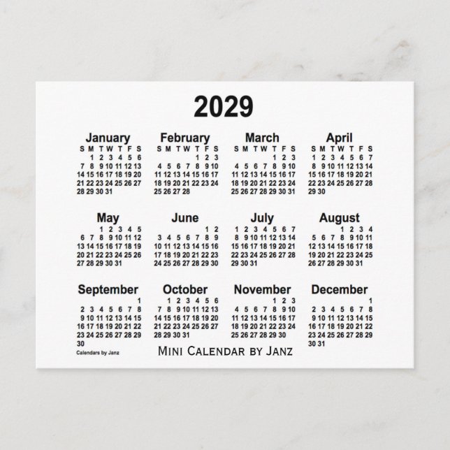 Carte Postale Mini calendrier blanc 2029 par Janz (Devant)