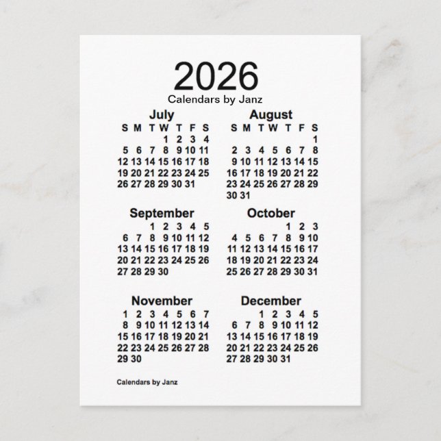 Carte Postale Mini calendrier blanc de 6 mois 2026 par Janz (Devant)