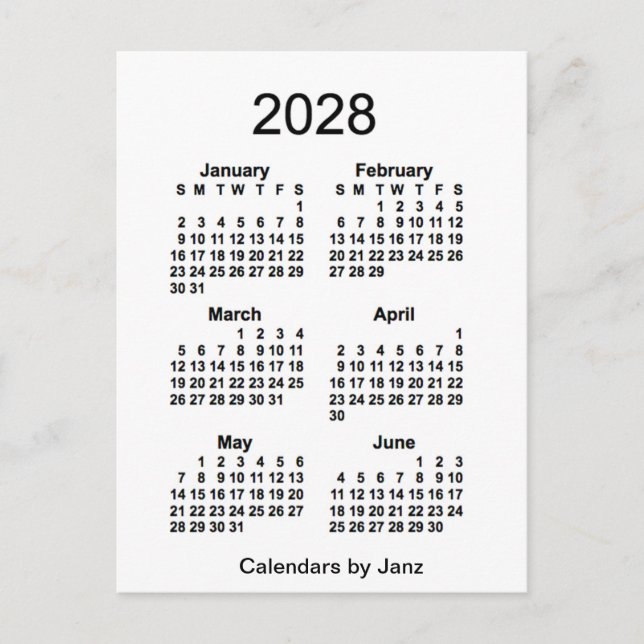 Carte Postale Mini calendrier blanc de 6 mois 2028 par Janz (Devant)