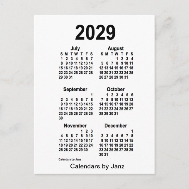 Carte Postale Mini calendrier blanc de 6 mois 2029 par Janz (Devant)