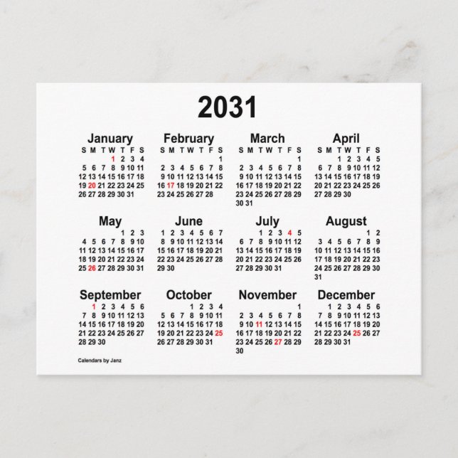 Carte Postale Mini calendrier des fêtes blanches 2031 par Janz (Devant)