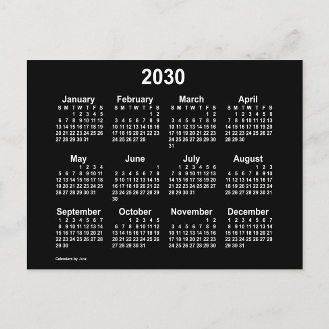 Carte Postale Mini Calendrier Neon White 2030 par Janz (Devant)
