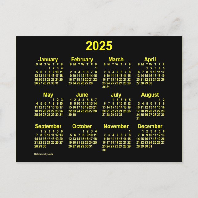 Carte Postale Mini Calendrier Neon Yellow 2025 par Janz (Devant)