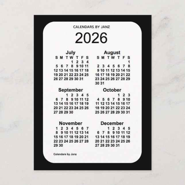 Carte Postale Mini calendrier noir 6 mois 2026 par Janz (Devant)