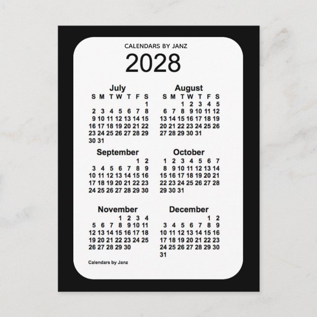 Carte Postale Mini calendrier noir 6 mois 2028 par Janz (Devant)