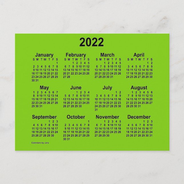 Carte Postale Mini calendrier vert jaune 2022 par Janz (Devant)