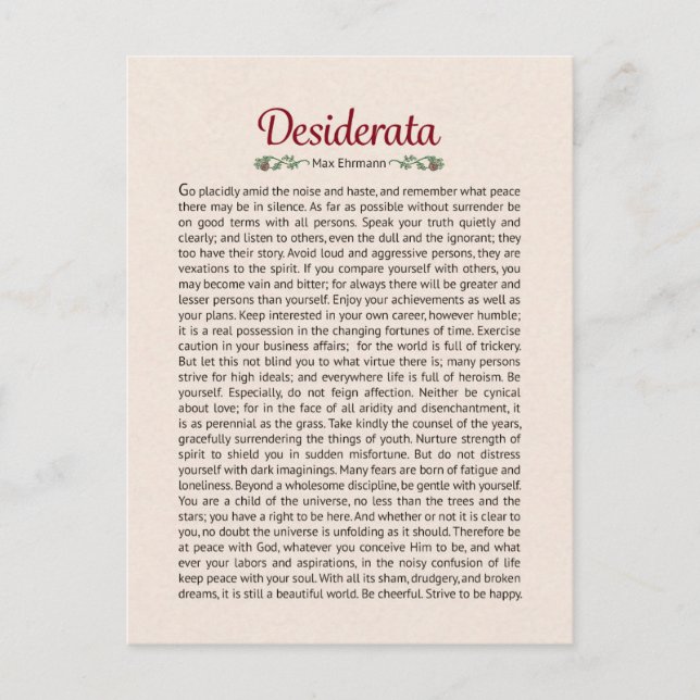 Carte postale miniature d'art du poème Desiderata (Devant)