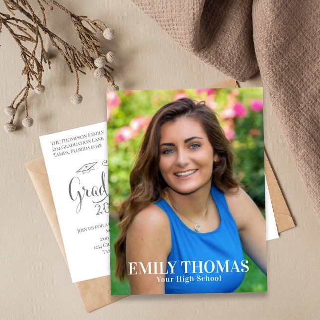 Carte Postale Minimalist Graduate Modern Simple Script  (Modern minimal script graduation announcement with clean typography and portrait focus.)