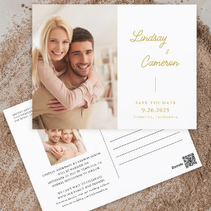 Carte Postale Minimaliste 2 Photo Or Script Faire Part de Date