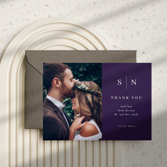 Carte Postale Minimaliste Chic | Remerciement de photo de mariag (This colorful, classic purple save the date card features your photo plus lots of room for a message)