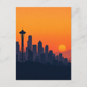 Carte Postale Minimaliste Skyline de Seattle au coucher du solei
