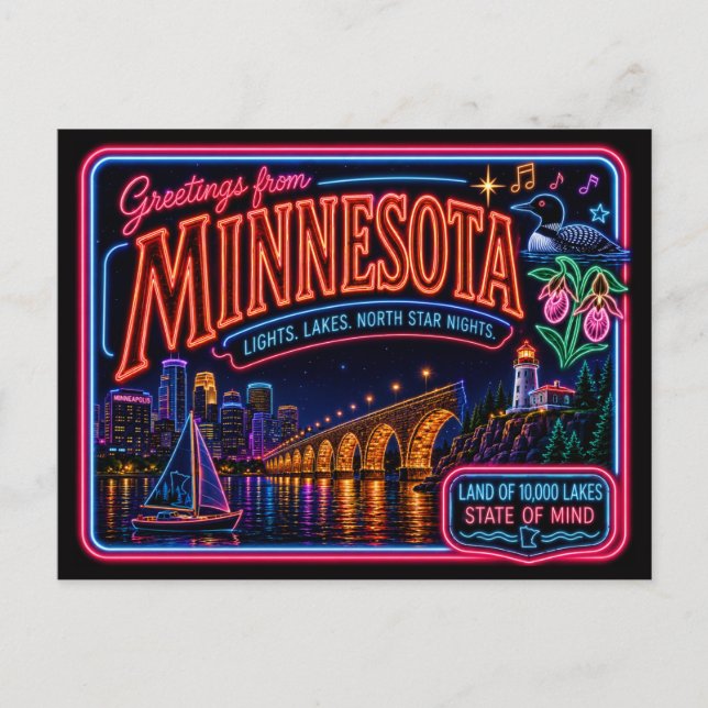 Carte Postale Minnesota Neon État Rétro Vintage (Devant)