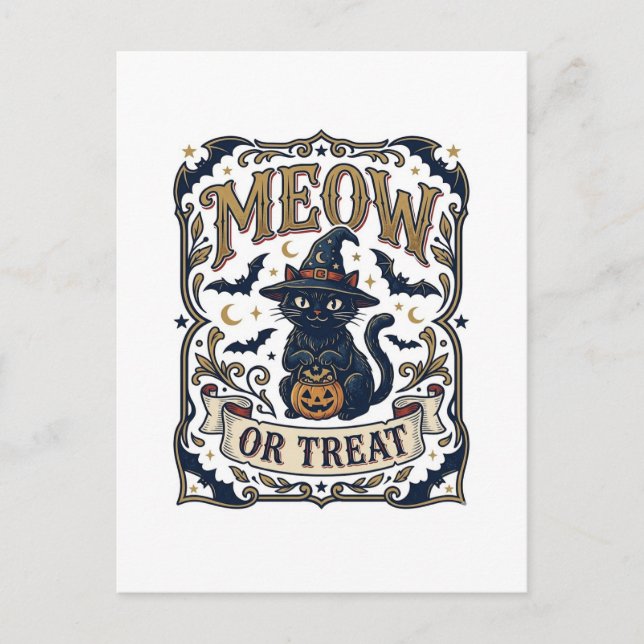 Carte Postale Minou ou traiter Chat Halloween Chat effrayant Vin (Devant)