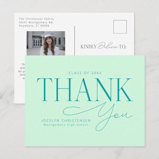 Carte Postale Mint Green Modern Photo Graduation Thank You (Devant / Derrière)