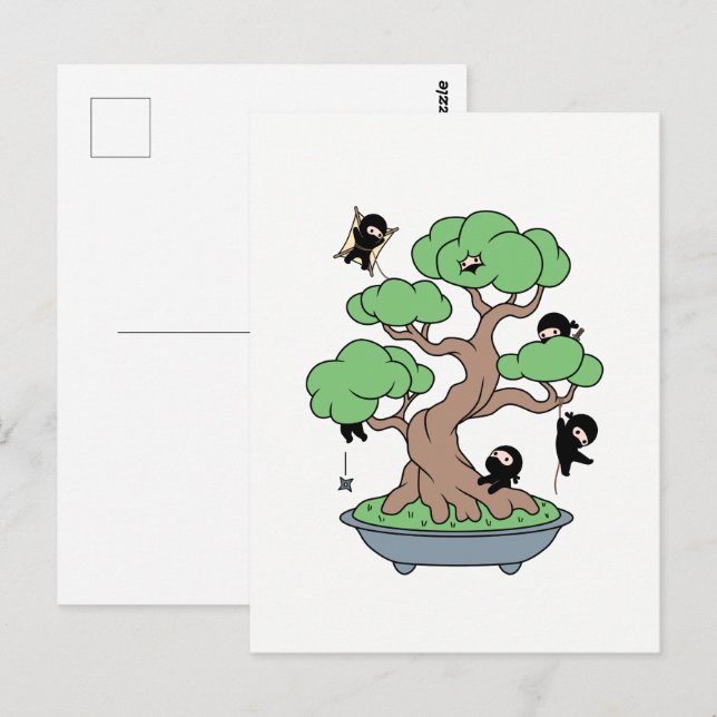 Carte Postale Minuscules Ninjas dans l'arbre de Bonsai (Devant / Derrière)