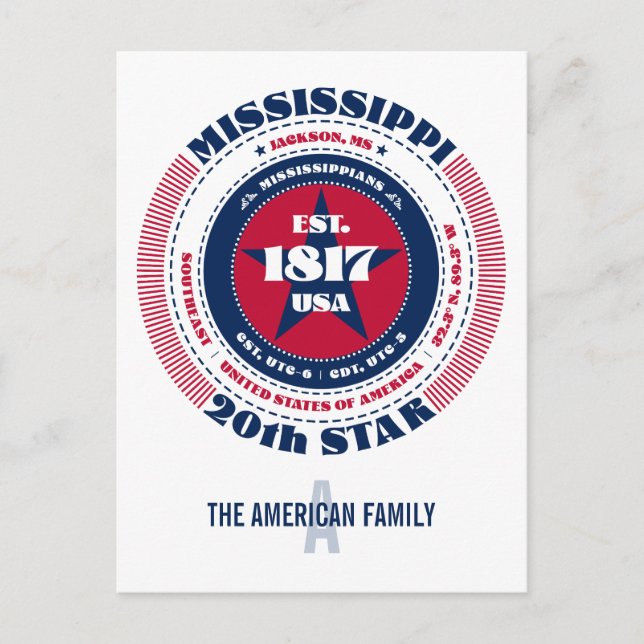 Carte Postale Mississippi, Jackson, MS, Patriotique, Monogramme (Devant)