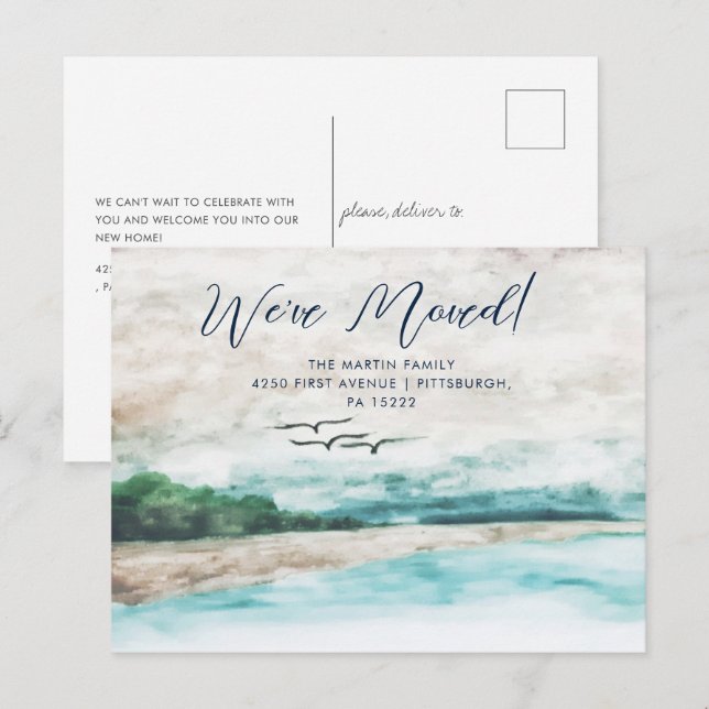 Carte Postale Misty Aquarelle Paysage Nous Avons Déménagé (Devant / Derrière)