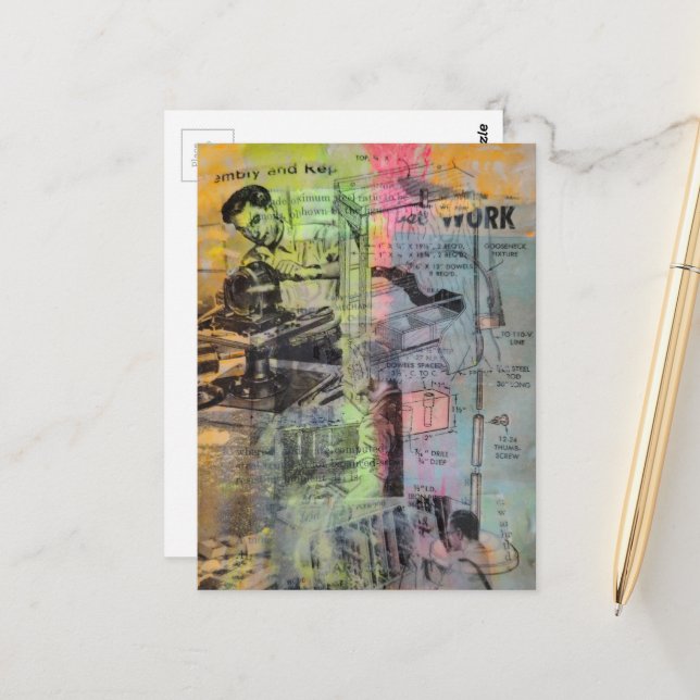 Carte Postale Mixed Media Retro Hobbies Woodworking Men (Devant/Arrière en situation)