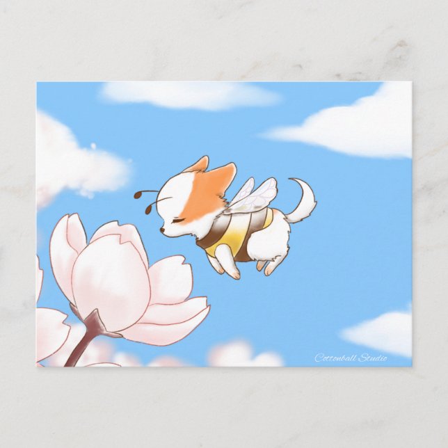 Carte Postale Mochi Bee mignon Chiot odorant les fleurs Sakura (Devant)