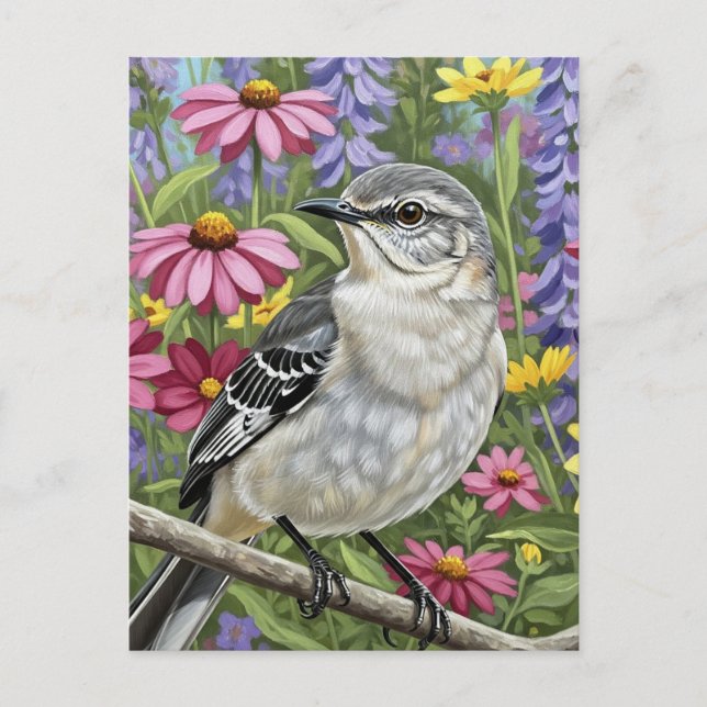 Carte Postale Mockingbird nordique avec fleurs (Devant)