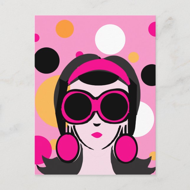 Carte Postale Mod Retro Girl Hot rose Gros Lunettes de soleil (Devant)