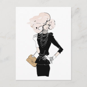 Carte Postale Mode blonde cheveux fille en noir