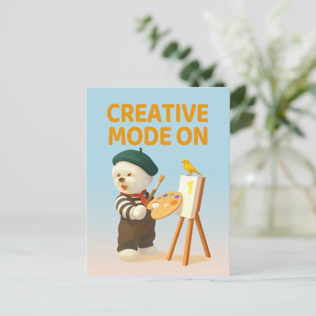 Carte Postale Mode Créatif Activé : Peintre Chien Bichon Artiste (Debout devant)