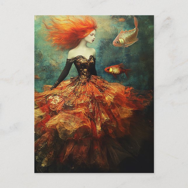 Carte Postale Mode et poisson d'or Dame des cheveux rouges (Devant)