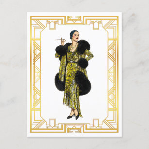 Carte Postale Mode vintage 20s Flapper Fur Cape Evening Gown