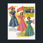 Carte Postale Mode vintage Robes des femmes des années 1950<br><div class="desc">Mode vintage Robes des femmes des années 1950 illustration publicitaire. Si vous êtes vintage,  visitez mes autres magasins zazzle.com/curious_goods zazzle.com/retronaut zazzle.com/blackandwhiteonly</div>