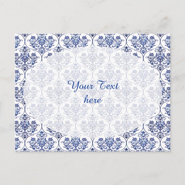 Carte Postale Modèle de damas fleuri - bleu (Devant)