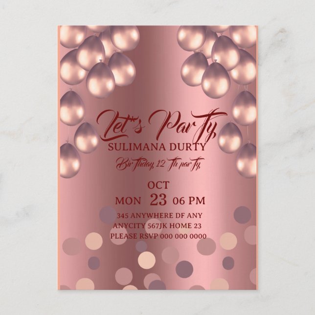Carte Postale Modèle d'invitation d'anniversaire Rose Gold: Allo (Devant)
