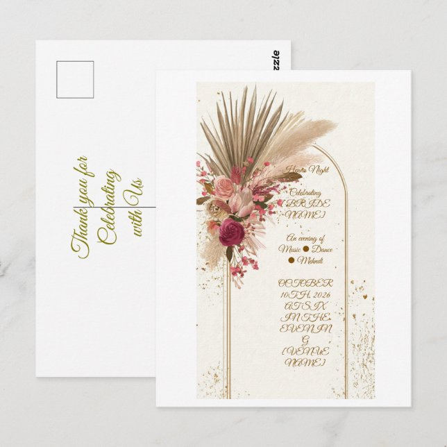 Carte Postale Modèle d'invitation de nuit de Mehndi à l'herbe de (Devant / Derrière)