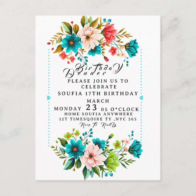Carte Postale Modèle d'invitation pour dîner floral, modifiable  (Devant)