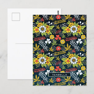 Carte Postale Modèle floral fleuri coloré nom personnalisé