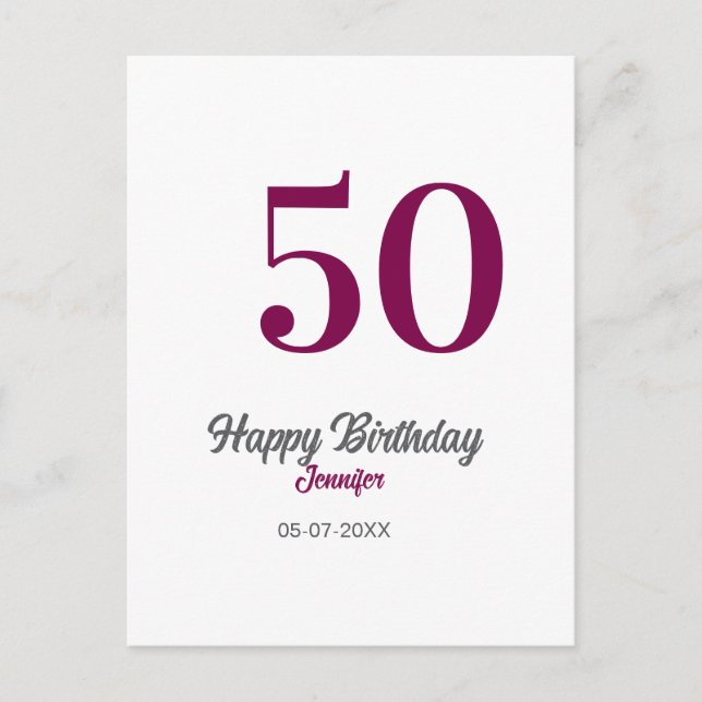 Carte Postale modèle mauve 50e anniversaire ajouter nom date ann (Devant)