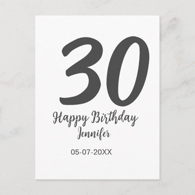 Carte Postale modèle noir 30e anniversaire ajouter nom date anné (Devant)
