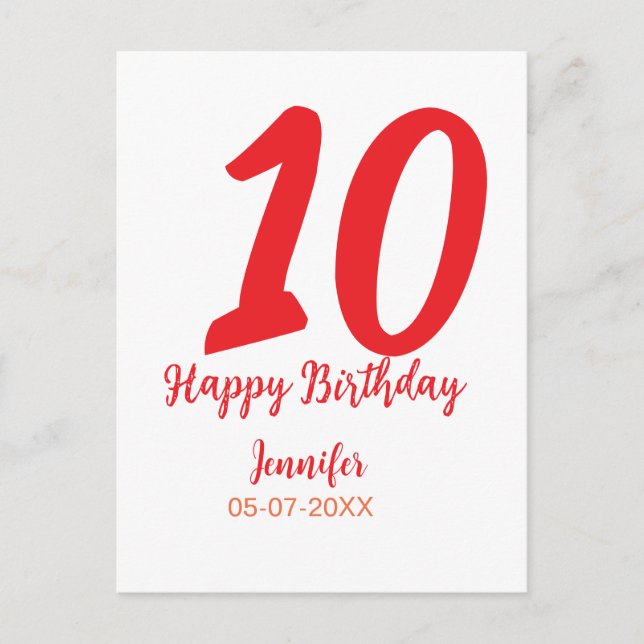 Carte Postale modèle rouge date nom année anniversaire 10 ans  (Devant)