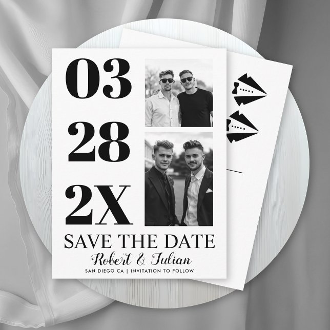 Carte Postale Modern black and white two photo gay Save the Date (Créateur téléchargé)
