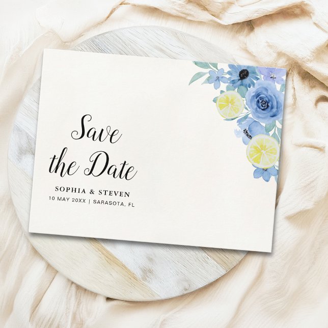Carte Postale Modern Blue Mediterranean Lemon Wedding (Créateur téléchargé)
