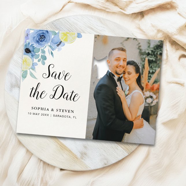 Carte Postale Modern Blue Mediterranean Lemon Wedding (Créateur téléchargé)