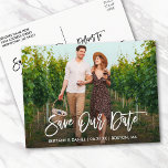 Carte Postale Modern Brush Script Save Our Date Couple Photo<br><div class="desc">Modern Brush Script Save Our Date Engagement Couple Photo Postcard - White Script</div>