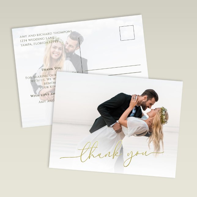 Carte Postale Modern Gold Script Photo Wedding Thank You Card (Modern wedding thank you card with soft photo overlay and gold script text)