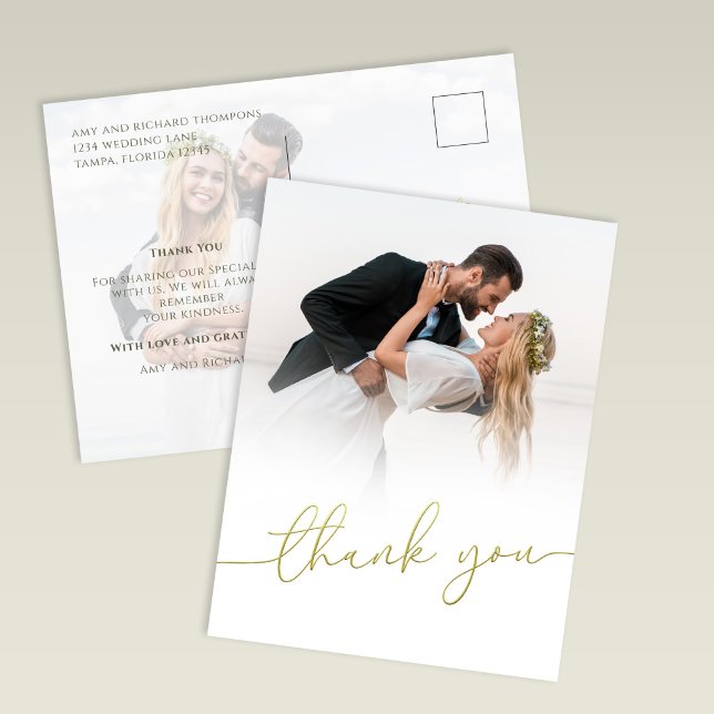 Carte Postale Modern Gold Script Photo Wedding Thank You Card (Gold script wedding thank you postcard with photo and modern minimalist design)