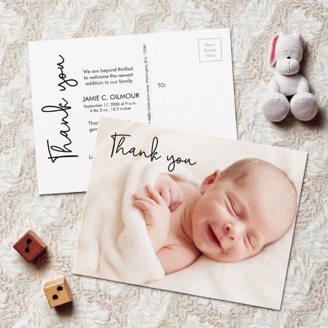 Carte Postale Modern Handlettering Script Baby Photo shower (custom baby photo birth announcement thank you postcard with modern handlettering script)